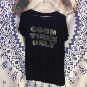 Black, good vibes only, simple t-shirt.